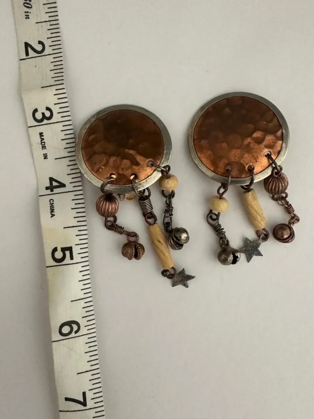 Vintage Artisan Copper Mixed Metal Asymmetrical Clip On Earrings 2.5